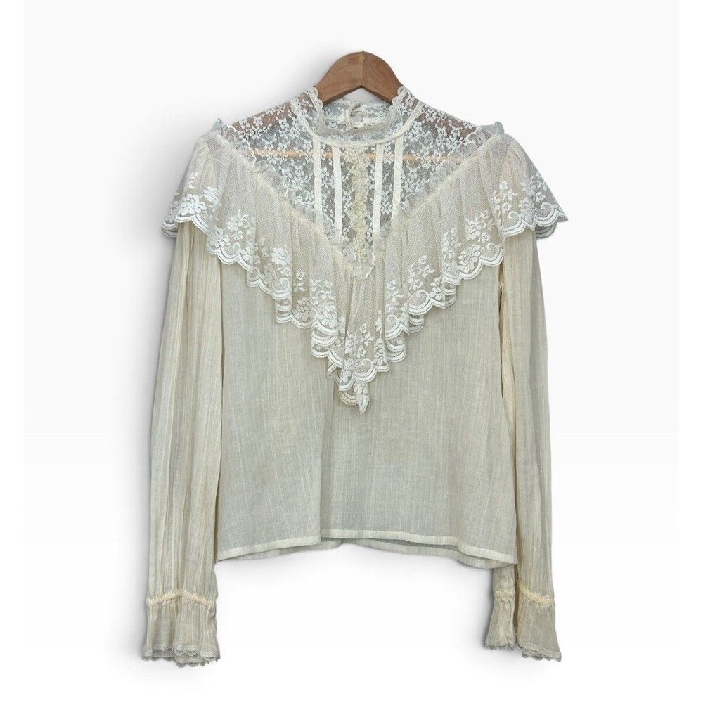 Vintage Jessica McClintock Gunne Sax Lace Prairie Blouse Size M Ivory Coquette